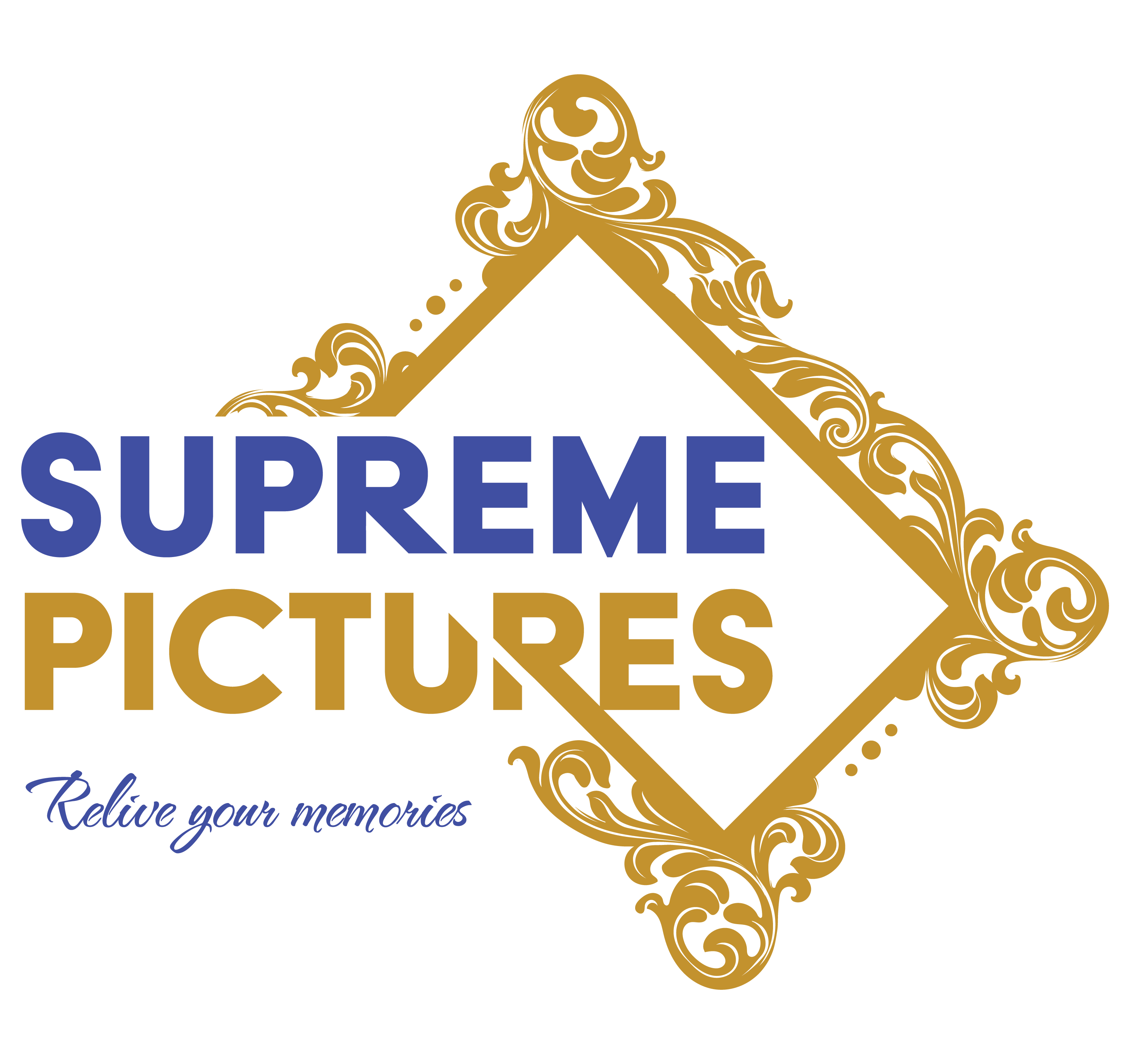 Logo with an ornate gold frame around stylized text: "Supreme Pictures" in blue and gold. Featuring elements of custom framing, the design beautifully highlights the motto "Relive your memories" in cursive blue.