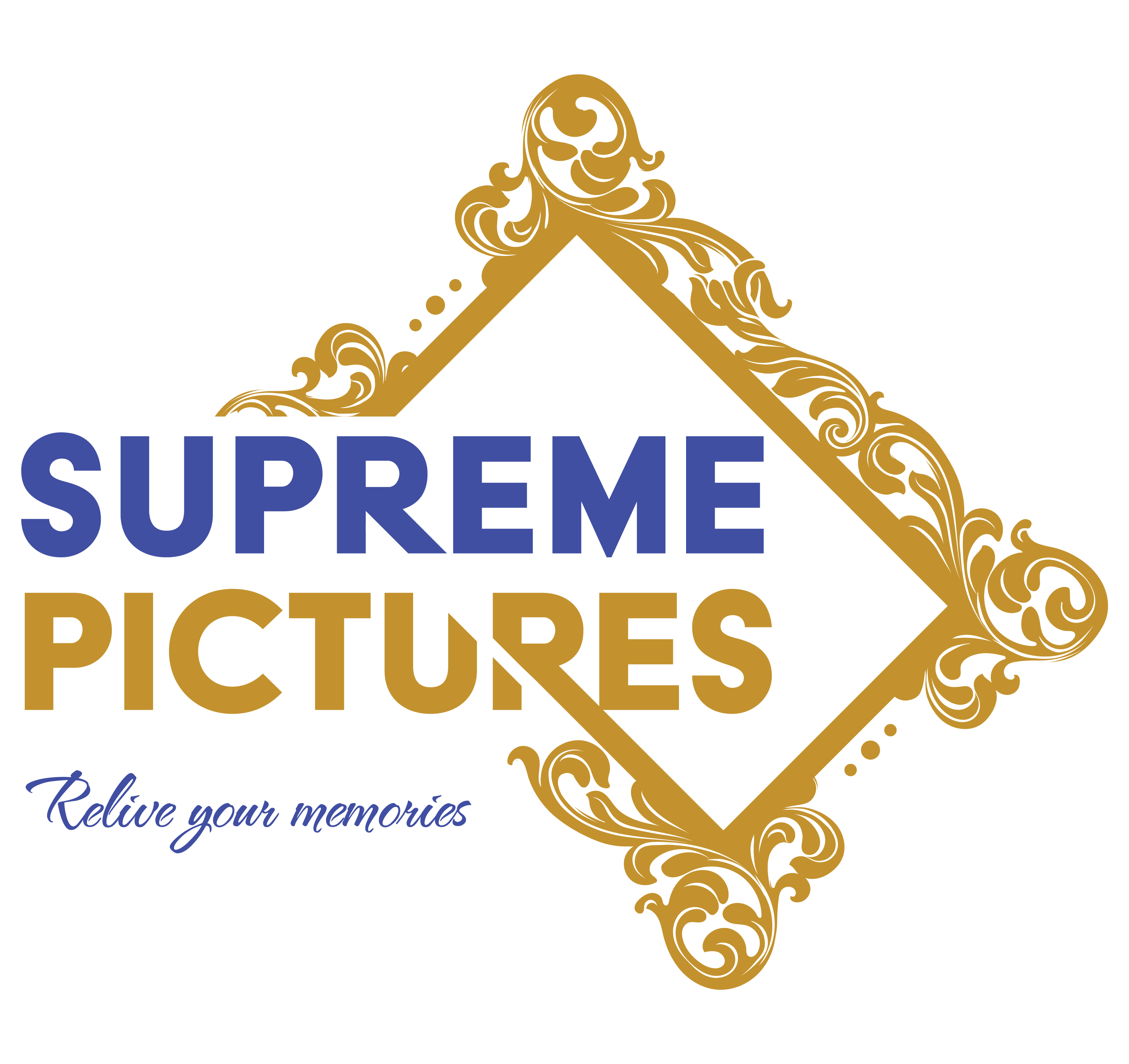 Logo with an ornate gold frame around stylized text: "Supreme Pictures" in blue and gold. Featuring elements of custom framing, the design beautifully highlights the motto "Relive your memories" in cursive blue.