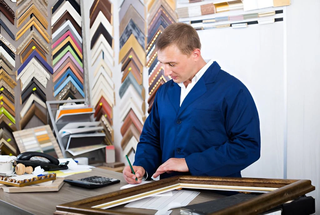 A man in a blue coat stands at a table in a frame shop, meticulously sketching with a pencil. Surrounded by custom picture framing samples displayed on the walls and desk, he carefully considers each design option.