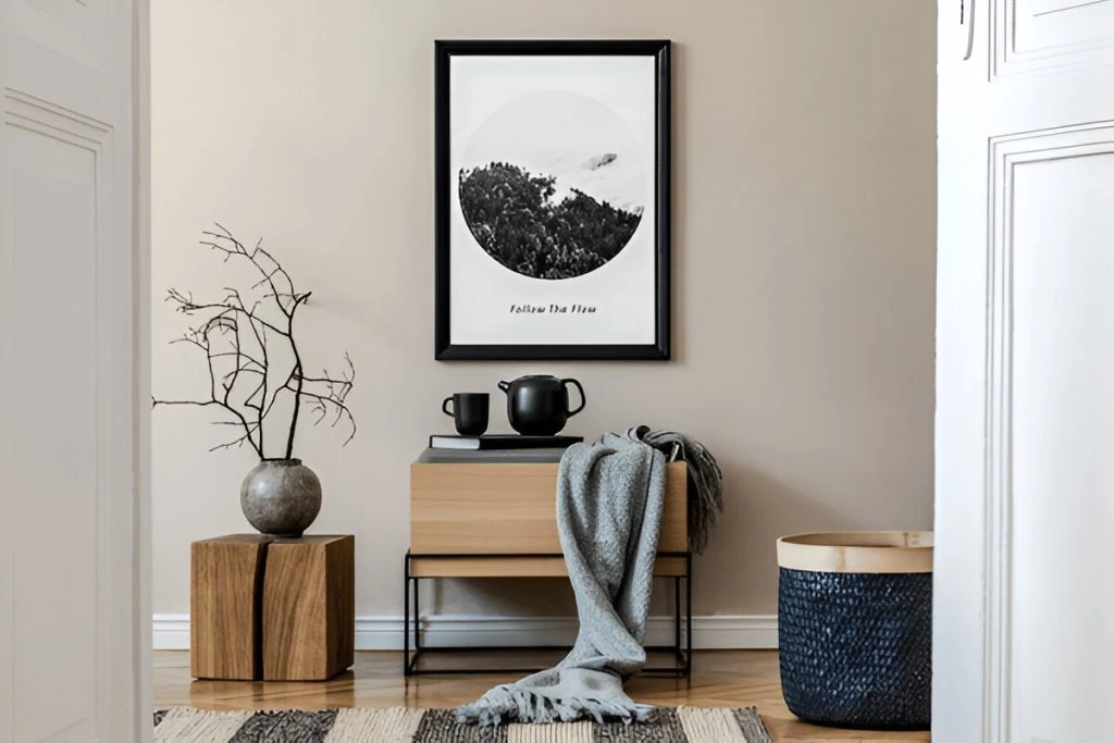 A minimalist room featuring wooden furniture and custom picture frames showcasing black and white art. A vase with branches, a sleek black teapot with cups, a gray blanket, and a wicker basket rest on the rug-covered floor.