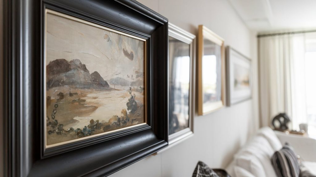 A row of beautifully crafted landscape paintings in custom picture framing from Mississauga hangs on a wall above a white sofa with pillows, illuminating the well-lit room.