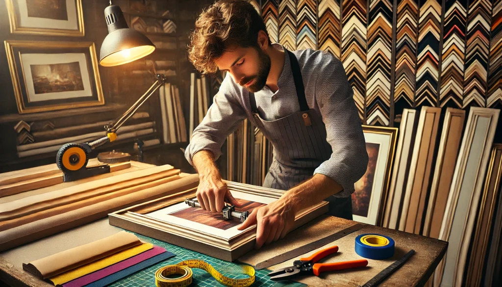 A man in an apron expertly frames a picture using hand tools in an art studio, showcasing his skill in custom picture framing in Mississauga. He's surrounded by various frame samples, a measuring tape, and a lamp, all contributing to his meticulous craft.