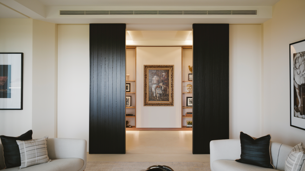 Interior view with open sliding black doors revealing a room adorned with art thanks to custom picture framing in Mississauga. Cream-colored armchairs with dark cushions are in the foreground, inviting relaxation and style.