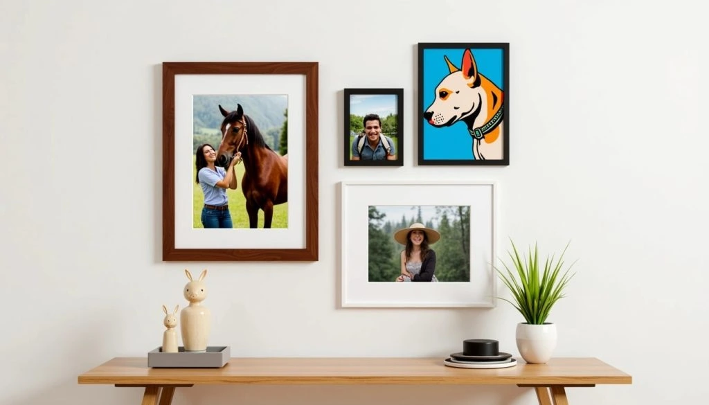 A charming wall display features framed photos of people, a horse, and a cartoon dog above a shelf. Perfect for valentine gift ideas, it includes decor items like a plant and ceramic rabbits.