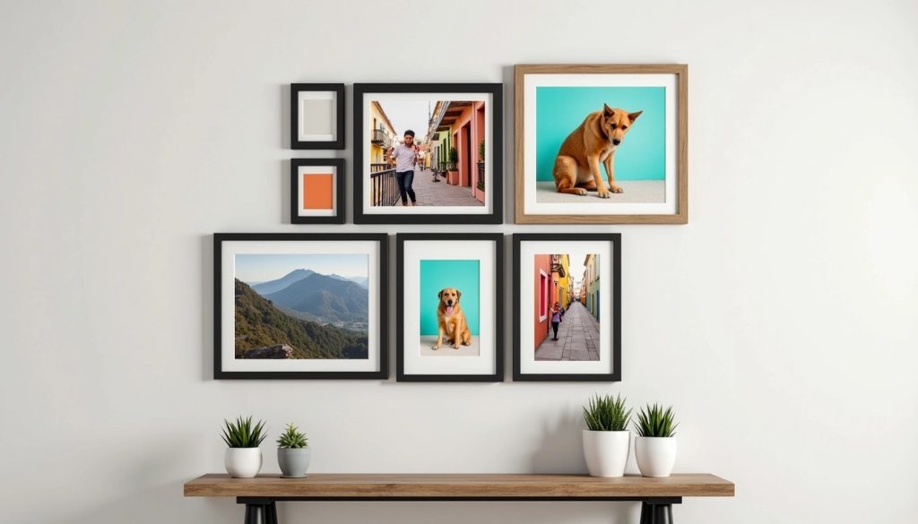 A gallery wall showcases picture frames in Mississauga, featuring diverse photos: a joyful dog, a person on a colorful street, a majestic mountain landscape, and abstract art. These artworks hang gracefully above a wooden shelf adorned with small potted plants.