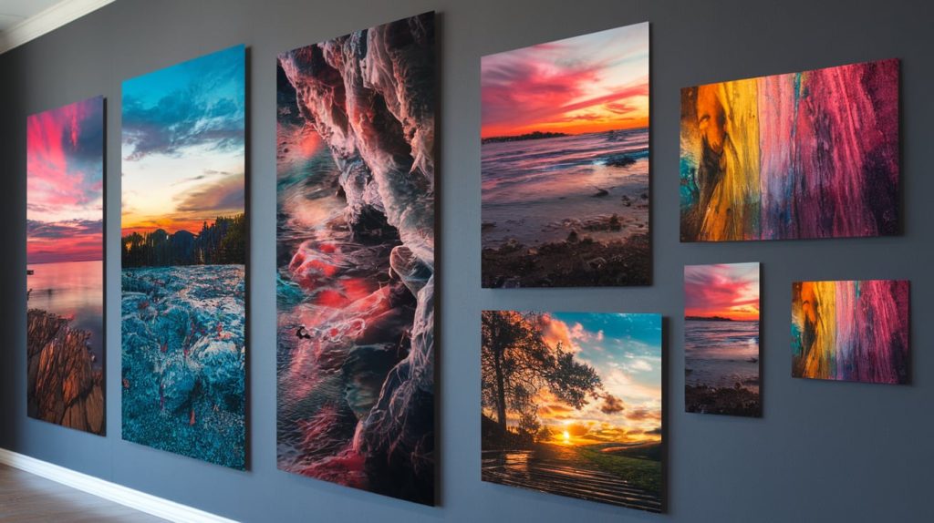 A gallery wall showcasing vibrant landscape and abstract art pieces on sleek metal prints against a dark background.