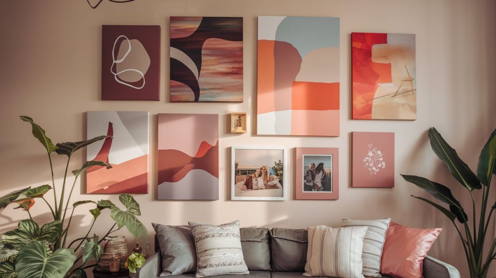 A living room wall adorned with abstract canvas prints and a photo hangs above a sofa with cushions. Indoor plants surround the area, creating a cozy atmosphere.