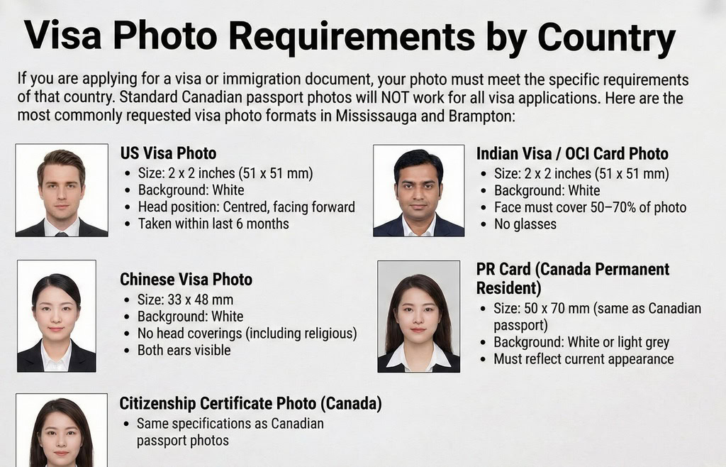 Official visa photo requirements chart at Supreme Pictures in Mississauga