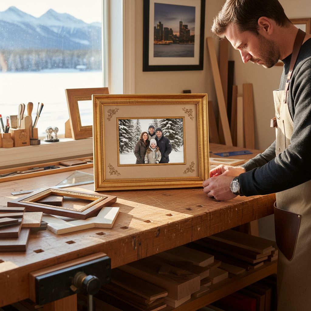 Professional image of custom picture framing in a Canadian workshop displaying a family portrait with local elements.