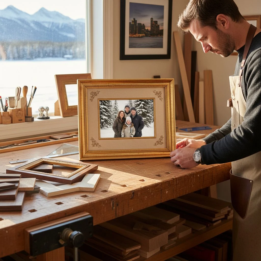 Professional image of custom picture framing in a Canadian workshop displaying a family portrait with local elements.