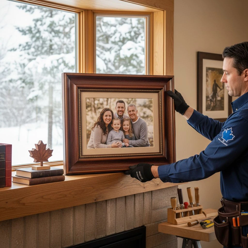 Professional image of a custom framed family portrait on a mantel in a warm Canadian living room, with a technician adjusting it and snowy view outside.
