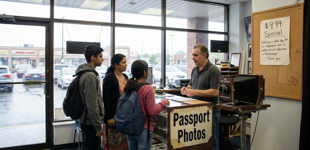 Three people stand at a counter labeled "Passport Photos" inside a shop offering photo printing Mississauga services, speaking with a man behind the counter near a sign advertising a $9.99 passport photo special.
