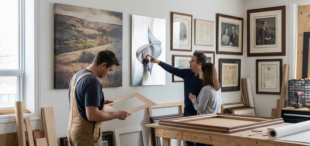 Three people work in an art studio; one inspects a frame, while two others discuss a piece of modern art on a wall surrounded by picture frames Mississauga locals might admire, along with certificates.
