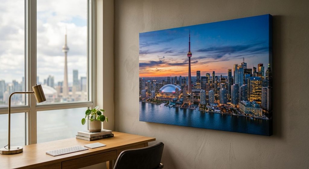 Professional photo of custom canvas print of Toronto skyline on gallery-wrapped canvas displayed in modern home office with CN Tower view.