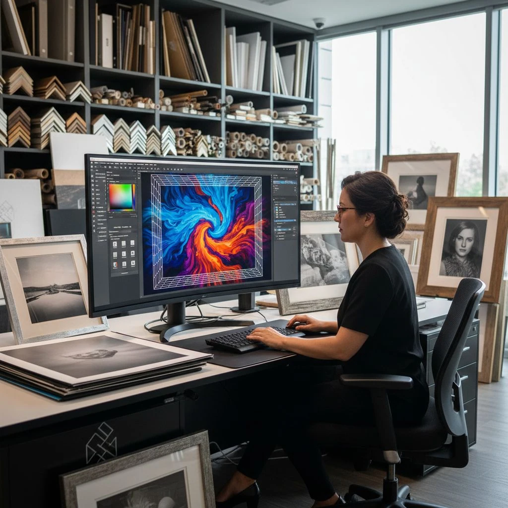 Graphic designer in a modern studio optimizing PNG file for custom picture framing on computer, surrounded by frames and materials.
