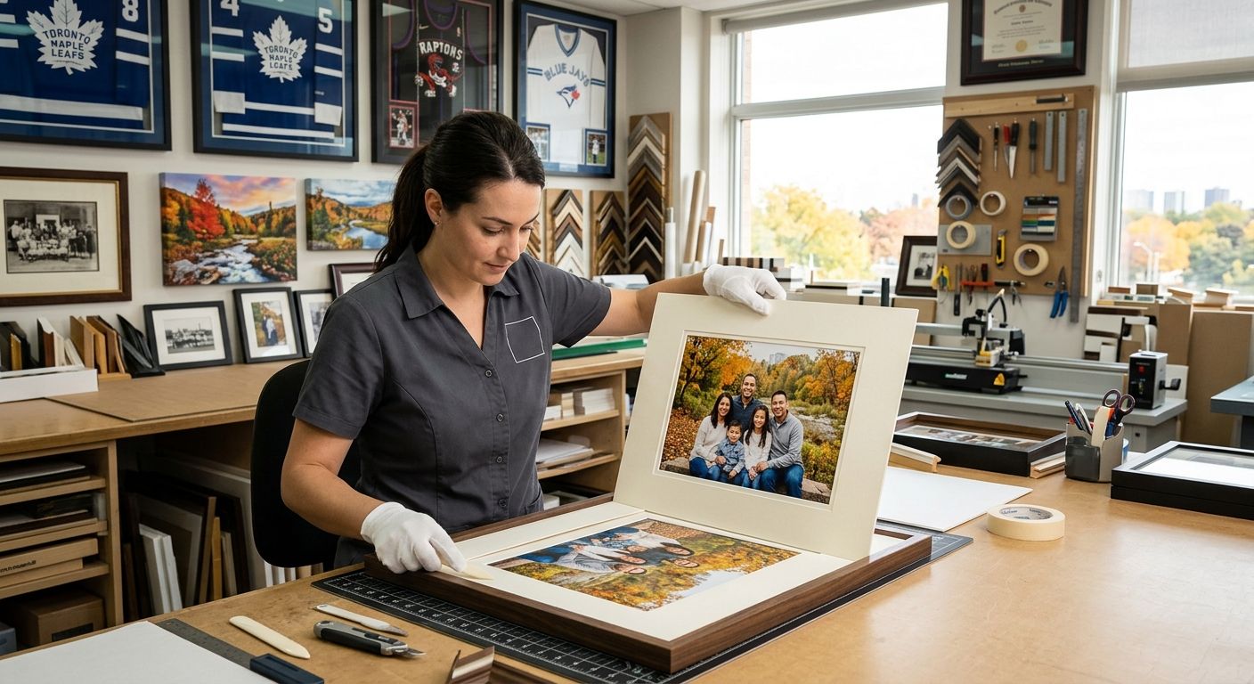 Skilled conservation framer assembling museum-quality frame in bright Mississauga workshop
