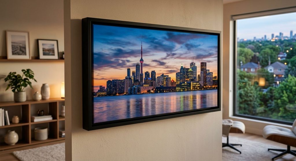 Sleek modern floater frame with vibrant Toronto skyline canvas at dusk, floating in matte black moulding in contemporary Mississauga living room with natural light and urban view.