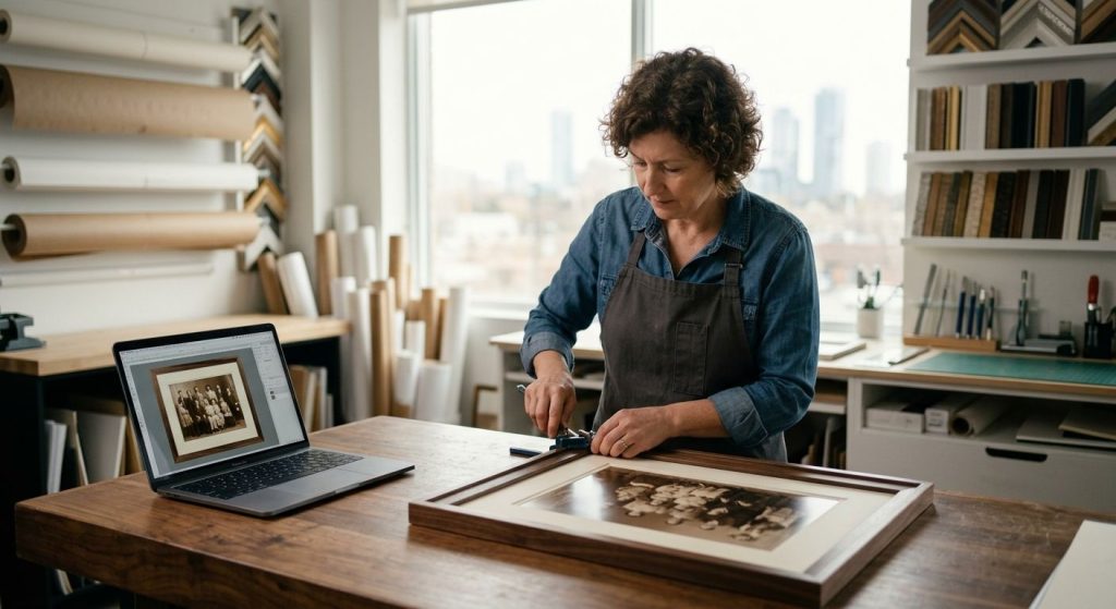 Skilled custom framer in modern Mississauga workshop assembling wood frame around family photo with laptop preview, tools and materials around.