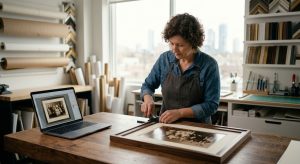 Skilled custom framer in modern Mississauga workshop assembling wood frame around family photo with laptop preview, tools and materials around.