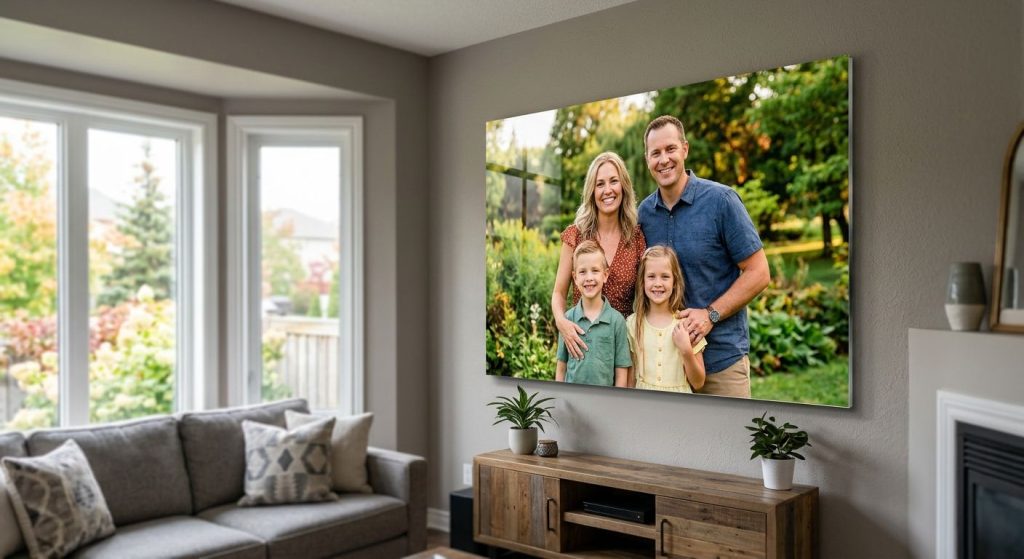 Stunning custom metal print of vibrant family photo on sleek aluminum, mounted in modern Mississauga living room with GTA view, premium quality display.