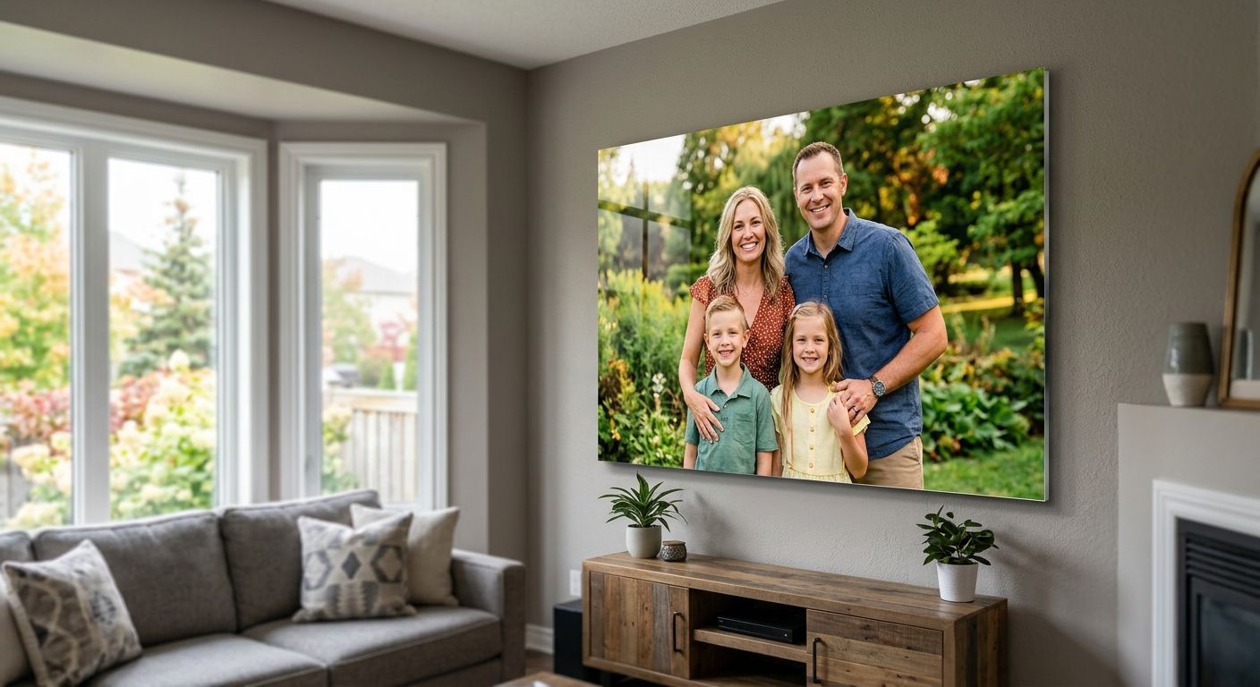 Stunning custom metal print of vibrant family photo on sleek aluminum, mounted in modern Mississauga living room with GTA view, premium quality display.