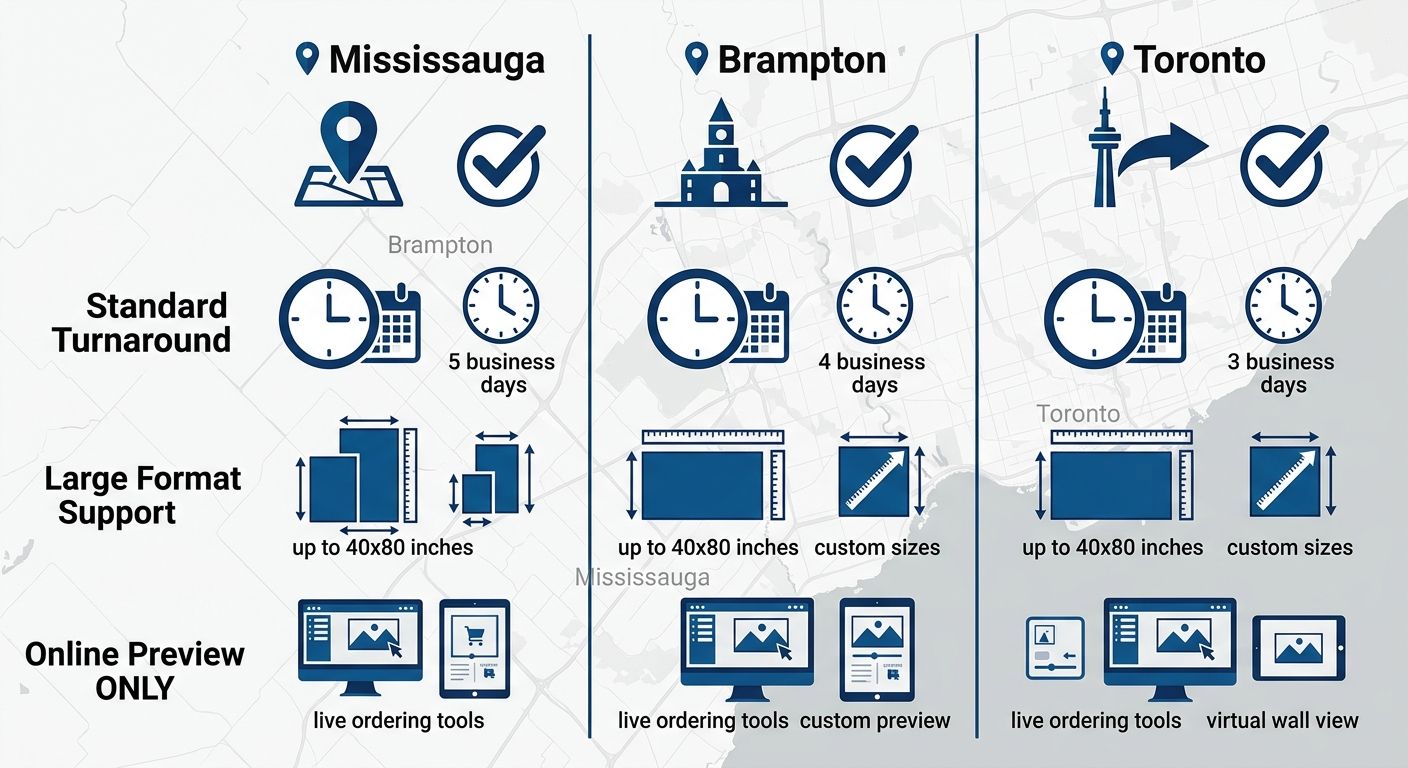 Infographic showing canvas printing availability with checkmarks for turnaround, large format support, and online preview in Mississauga, Brampton, and Toronto.