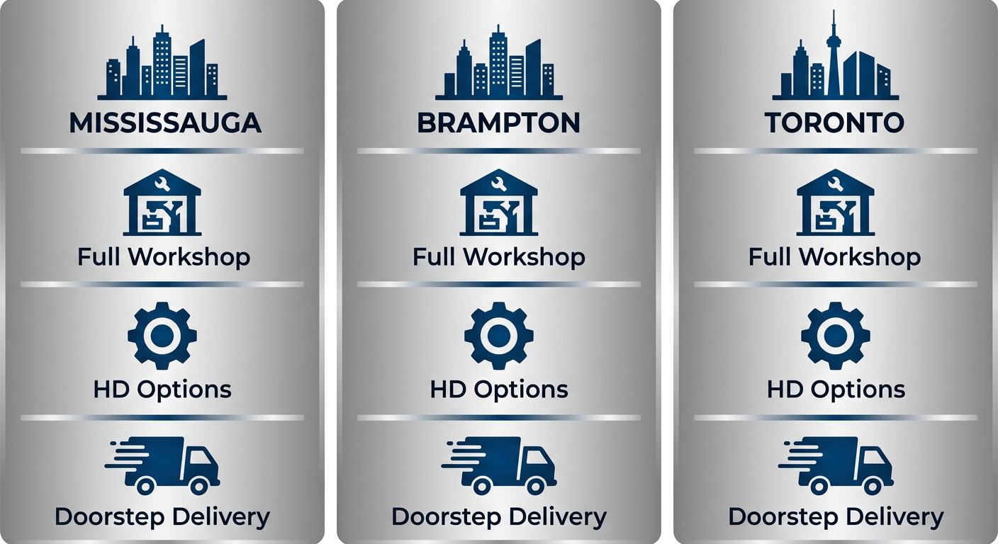 Infographic comparing metal prints services in Mississauga, Brampton, and Toronto