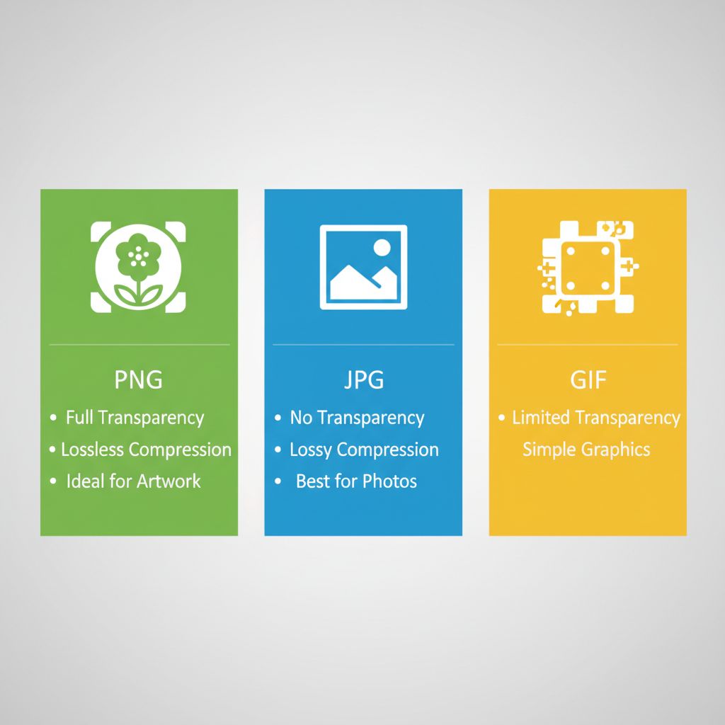 Infographic comparing PNG, JPG, and GIF image formats for custom framing with icons and feature highlights