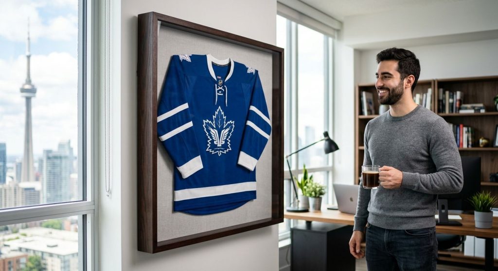 Professional photo of custom framed hockey jersey display case in modern GTA home office with proud sports enthusiast nearby