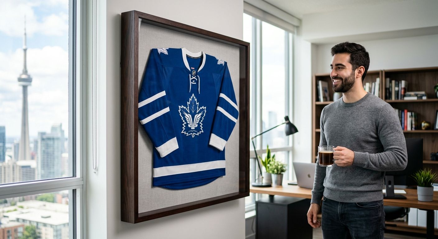 Professional photo of custom framed hockey jersey display case in modern GTA home office with proud sports enthusiast nearby