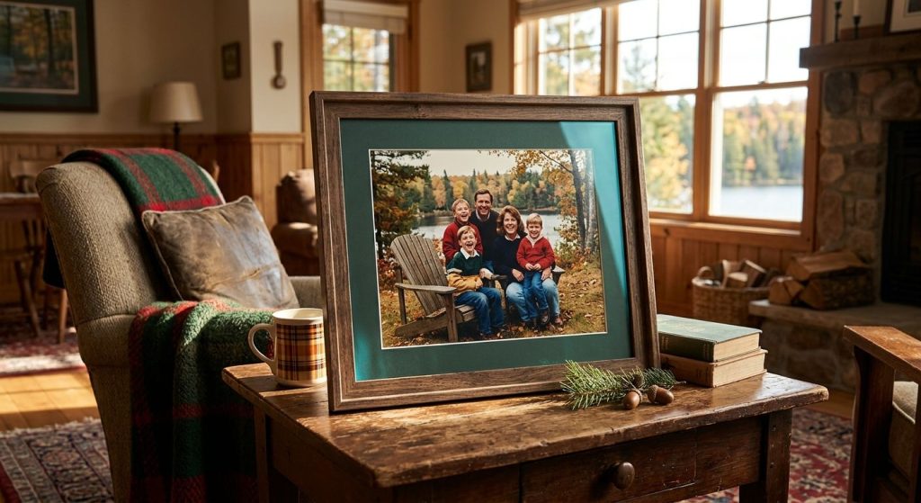 A living room with natural sunlight streaming onto a framed family photo with UV glass, surrounded by soft furnishings and warm wood tones