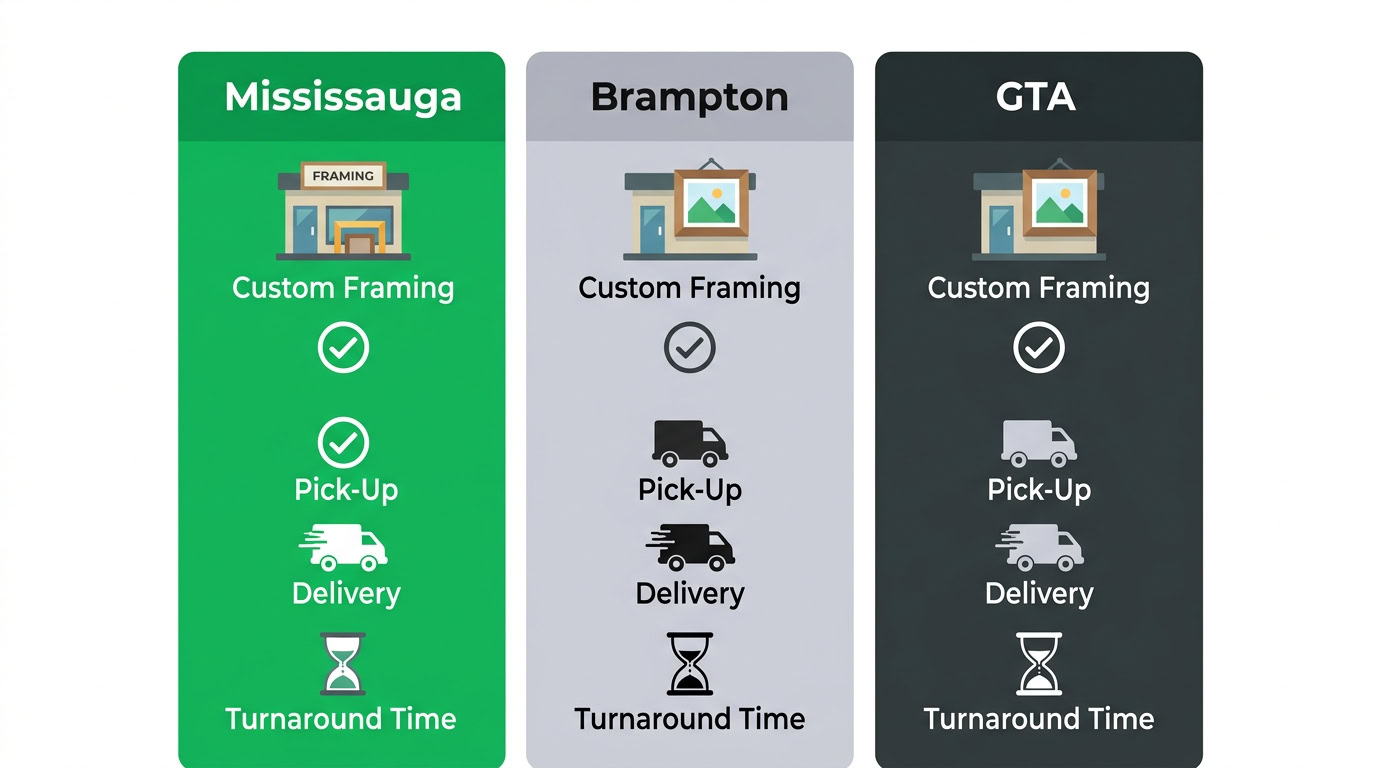 A flat design infographic comparing custom framing services for Mississauga, Brampton, and the GTA using checkmark, vehicle, and hourglass icons in a three-column layout.