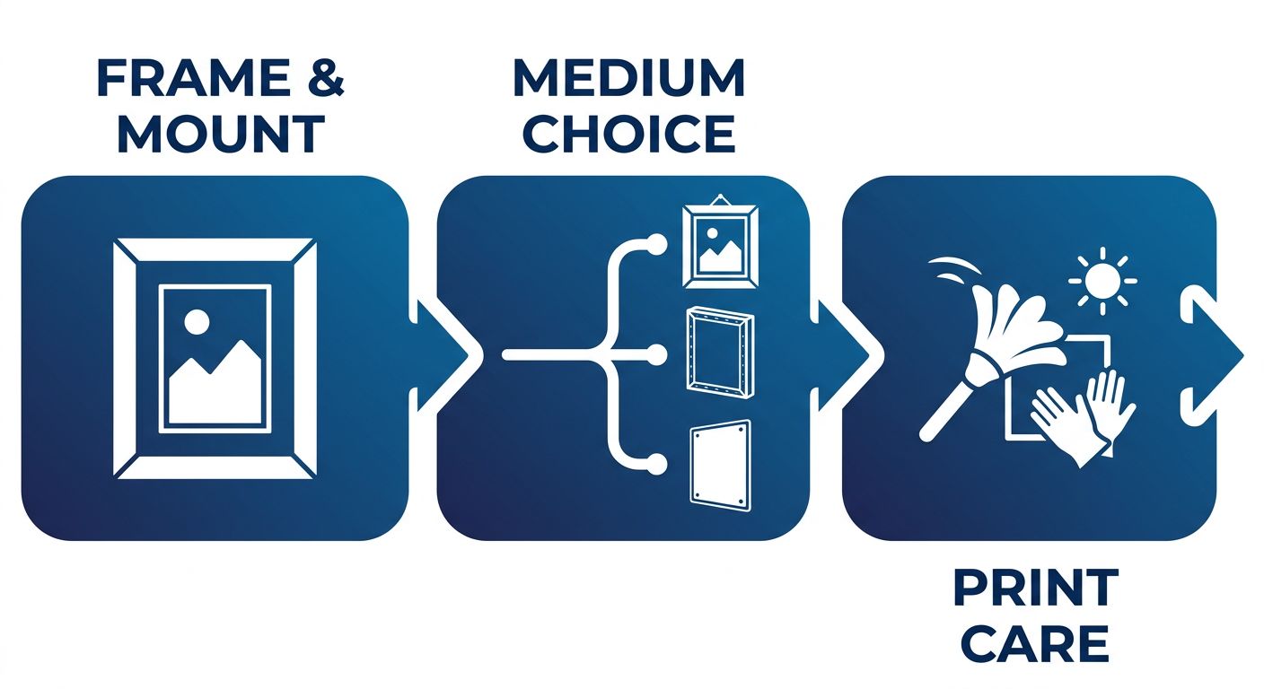 A horizontal process flow diagram showing three stages of choosing a framed photo print: frame style selection, medium choice with branching options, and print care tips.