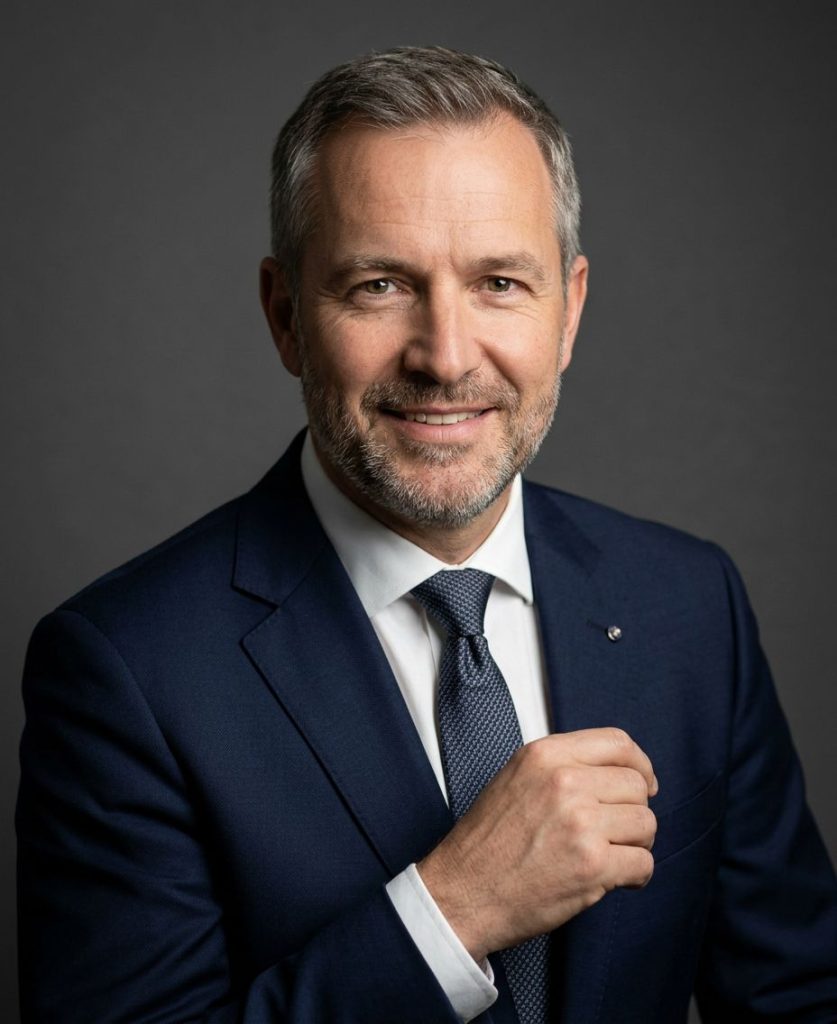 Professional studio portrait of a male C-suite executive in a navy suit against a neutral grey backdrop, Rembrandt lighting, mid-chest crop for LinkedIn