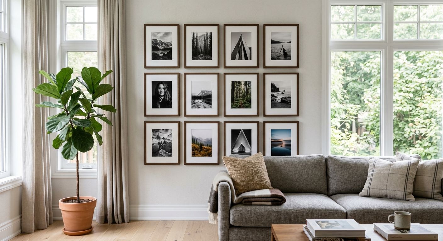 Gallery wall of framed prints in a sunlit Canadian living room