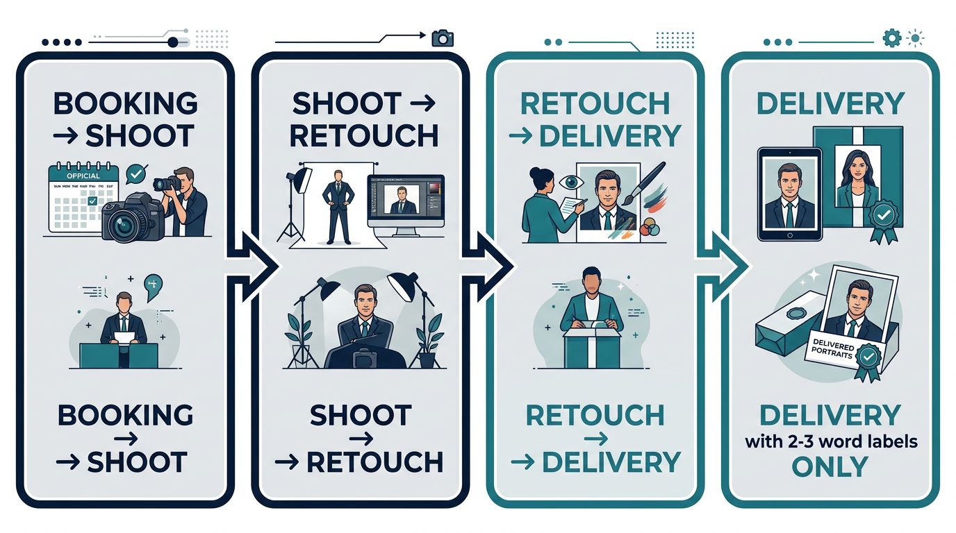 Horizontal process flow diagram showing four steps of the executive portrait service: Booking, Shoot, Retouch, and Delivery