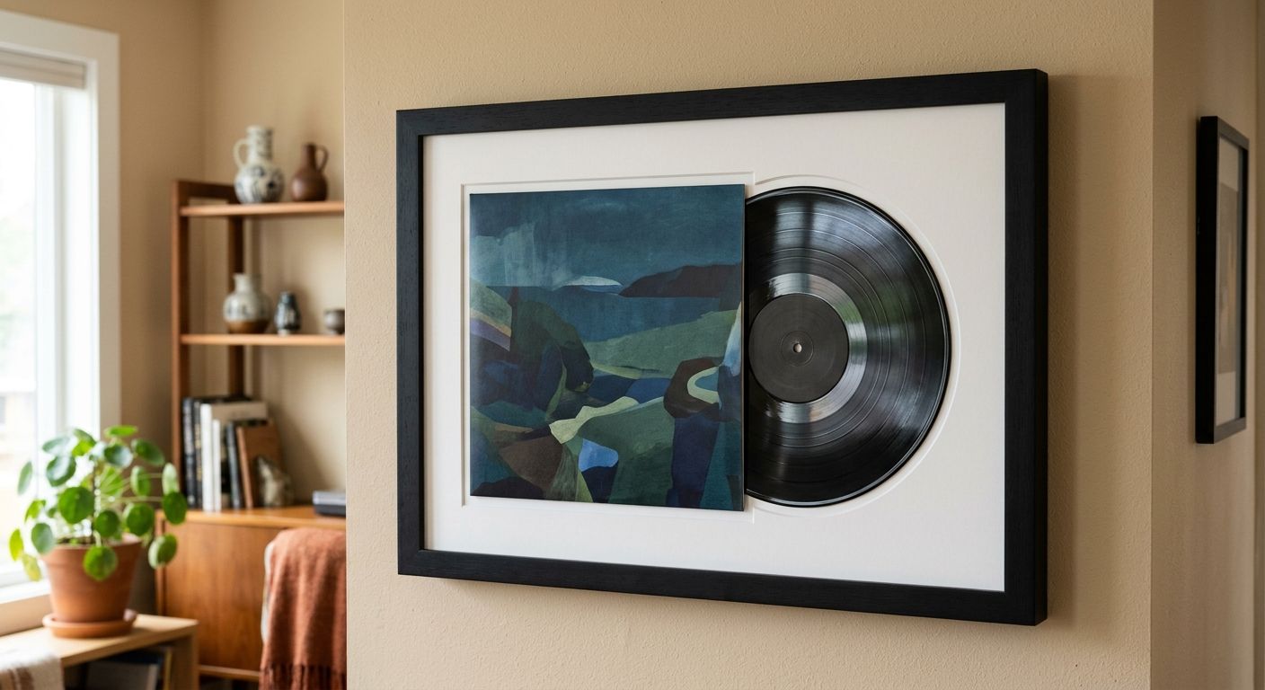 A professionally framed vinyl record mounted on a warm interior wall, showcasing custom framing quality and preservation.