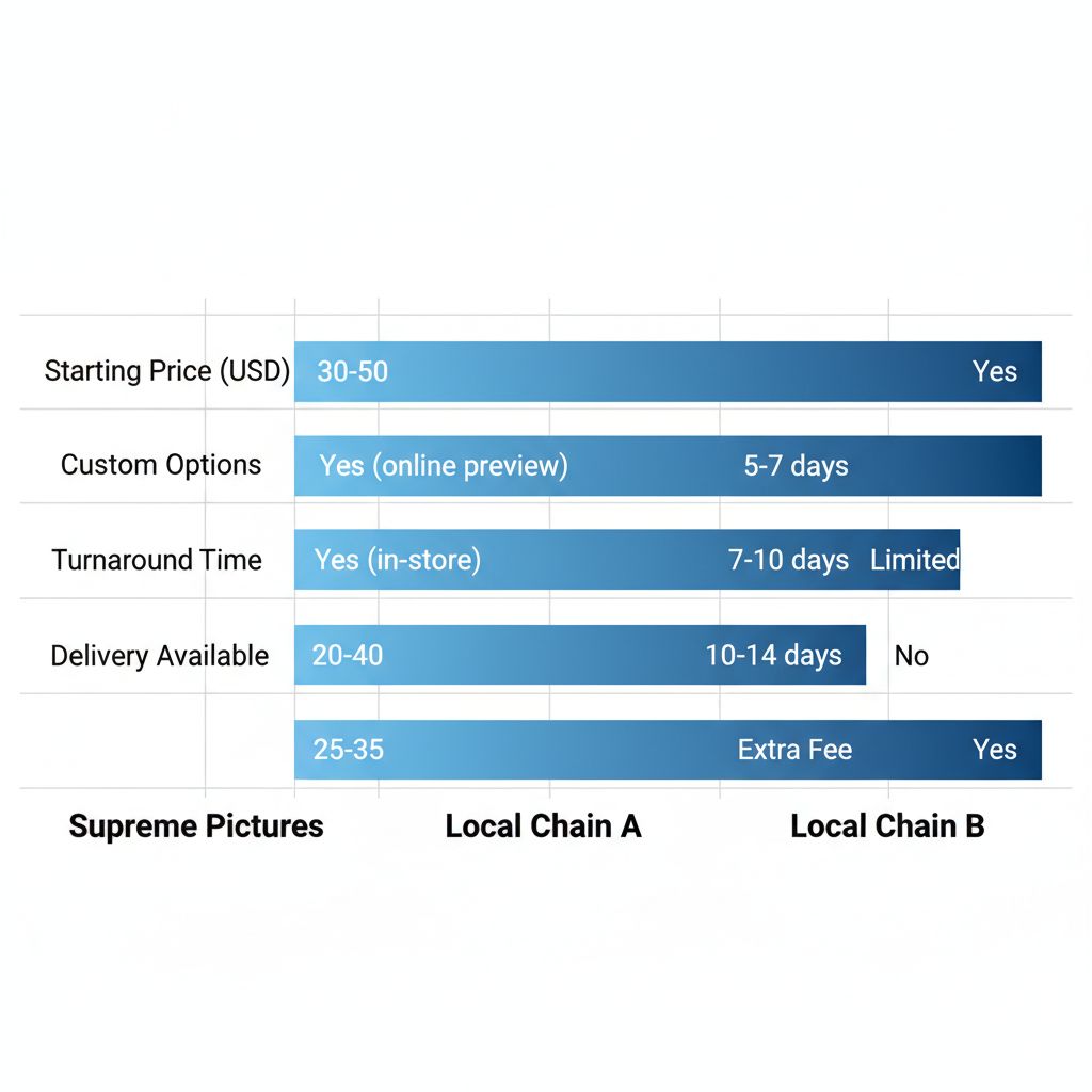 Horizontal bar chart comparing picture framing providers in Mississauga on price, custom options, turnaround time, and delivery availability