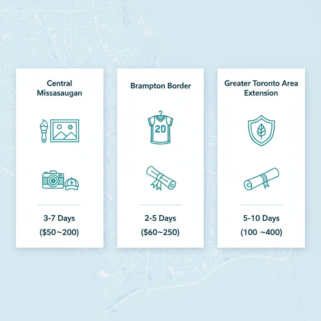 Infographic comparing custom framing options and turnaround times in Mississauga neighborhoods
