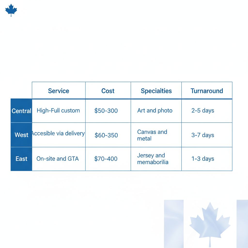 Infographic comparing picture framing services in Mississauga's Central, West, and East neighborhoods including availability, costs, specialties, and turnaround times.