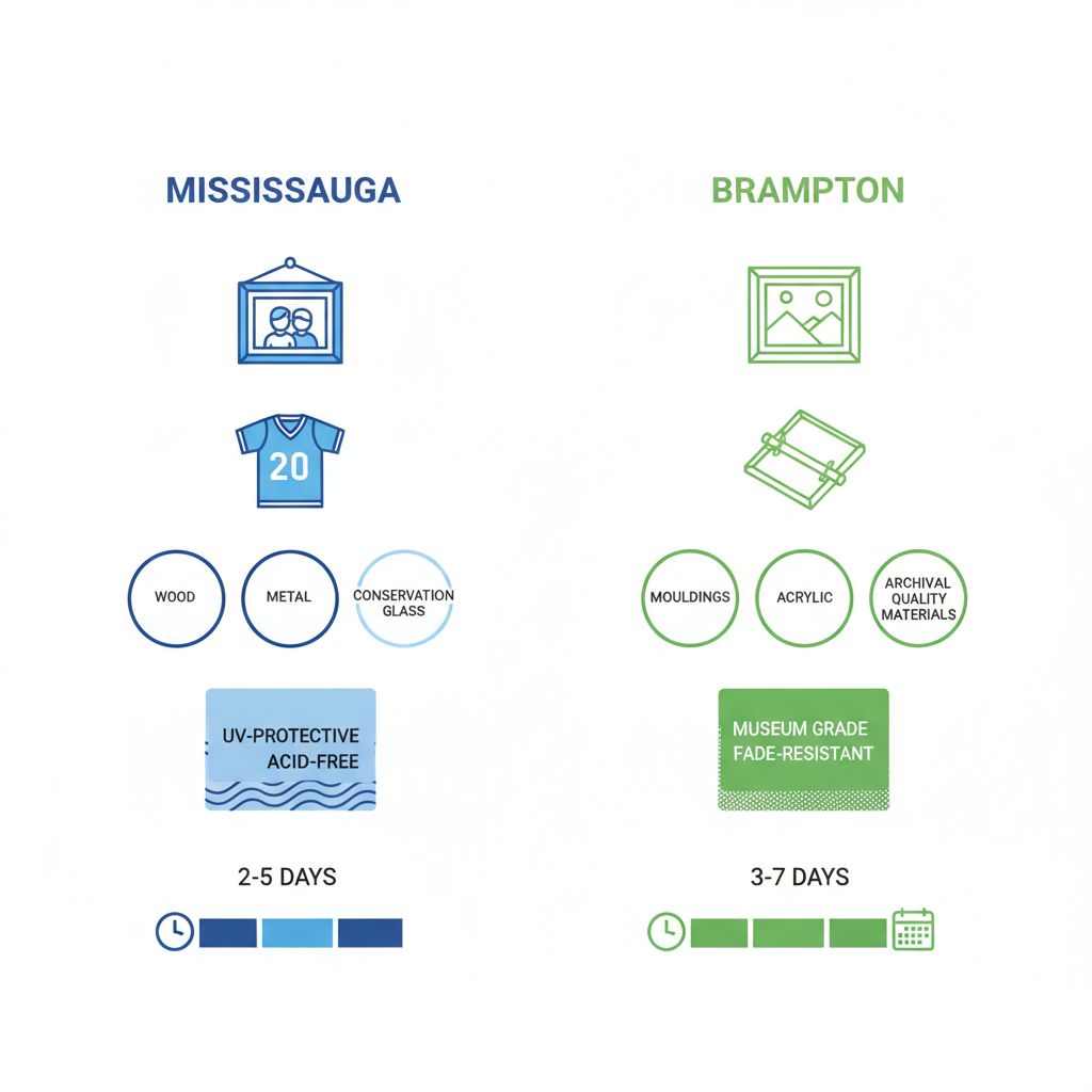 Infographic comparing custom framing services and turnaround times in Mississauga and Brampton areas