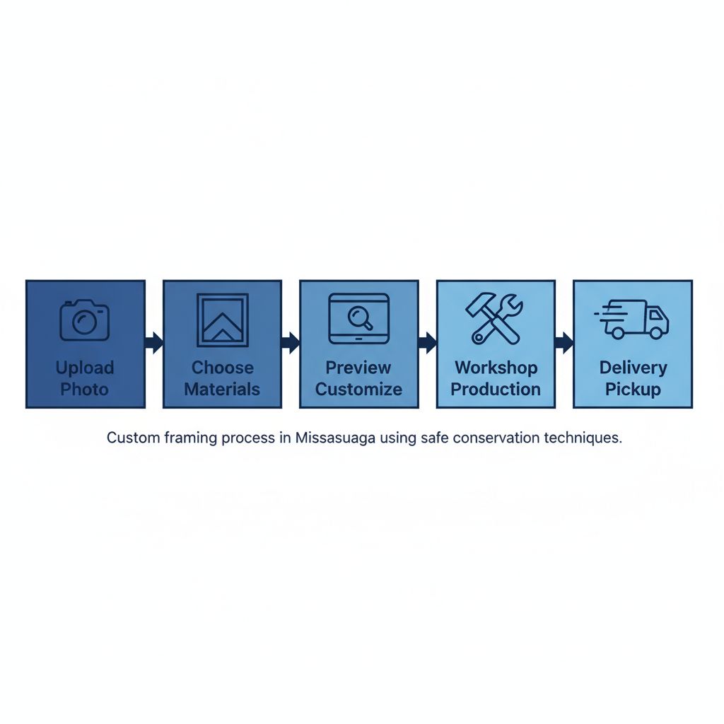 Horizontal process flow illustrating five steps of custom framing services in Mississauga with icons and labels