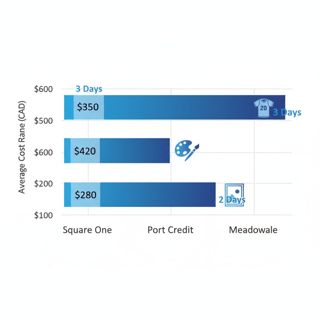 Horizontal bar chart comparing average costs and turnaround times for picture framing services in Square One, Port Credit, and Meadowvale neighborhoods of Mississauga.