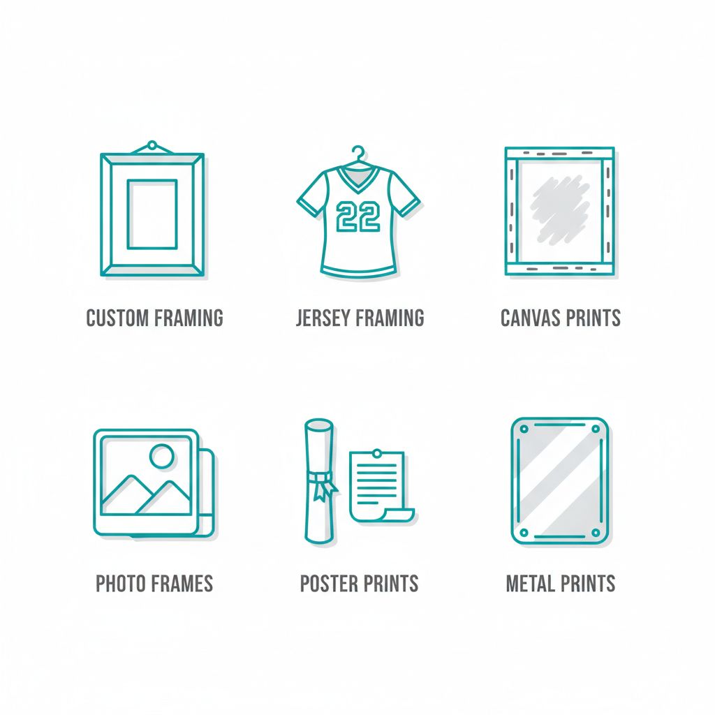 Grid of six outline icons representing custom framing services including picture frames, jerseys, canvases, photos, posters, and metal prints