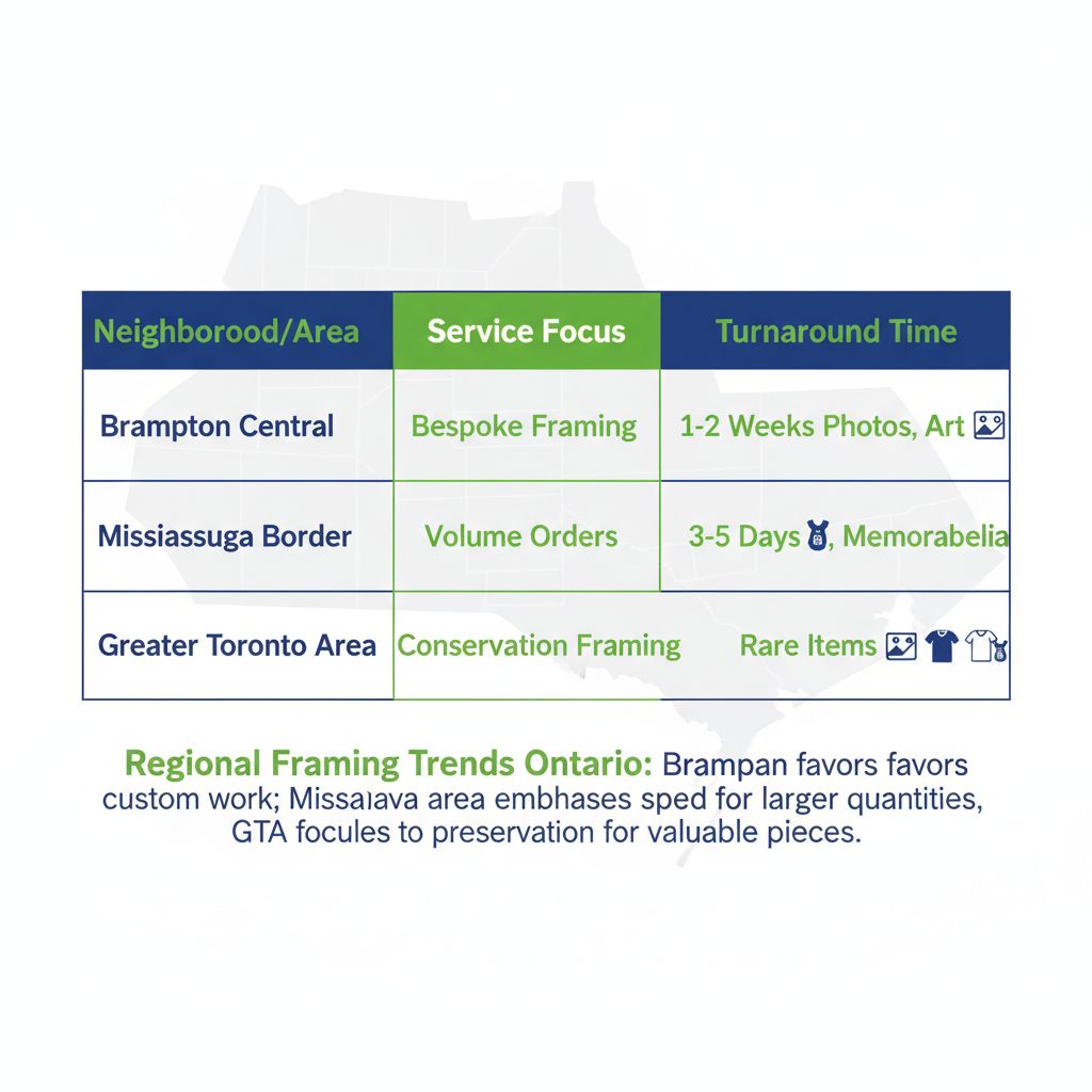 Infographic comparing framing services in Brampton Central, Mississauga Border, and Greater Toronto Area with service focus, turnaround time, and specialties.