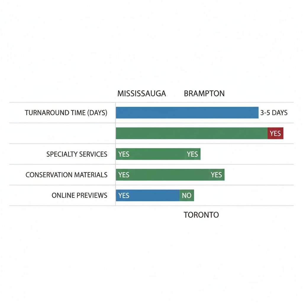 Horizontal bar chart comparing picture framing services turnaround time and specialties in Mississauga, Brampton, and Toronto regions