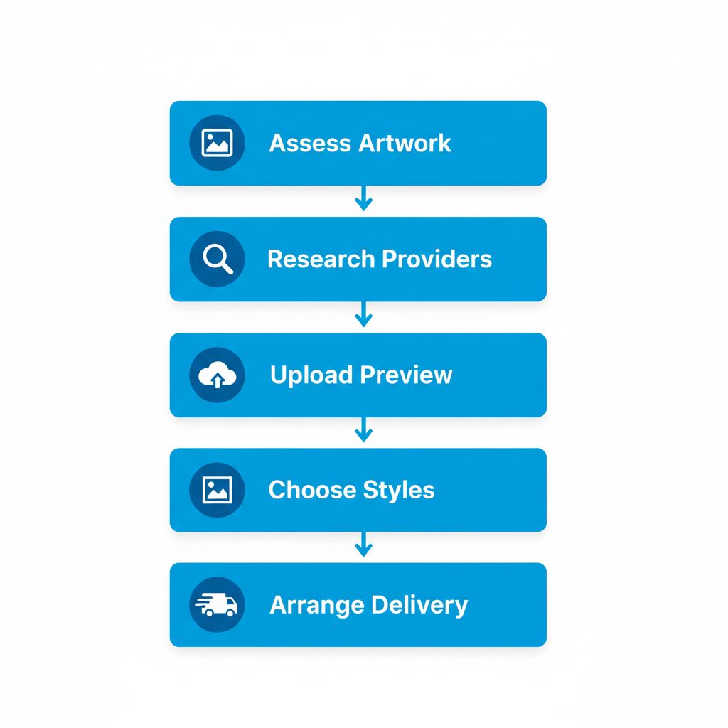 Vertical process flow illustrating five steps to start custom framing: assess artwork, research providers, upload and preview online, choose styles, arrange delivery.
