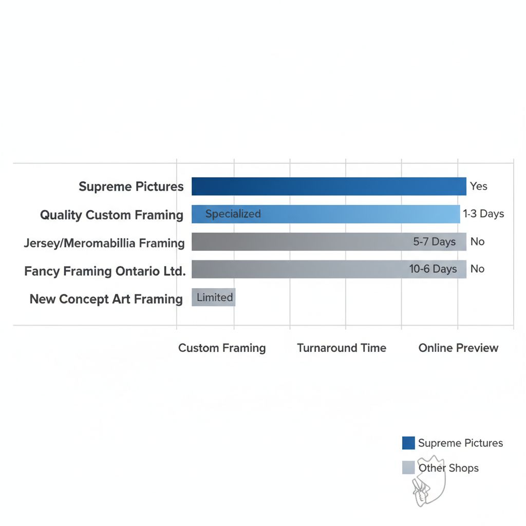 Horizontal bar chart comparing picture framing services in Mississauga: Supreme Pictures advantages in custom framing, memorabilia framing, fast turnaround, and online preview versus competitors.