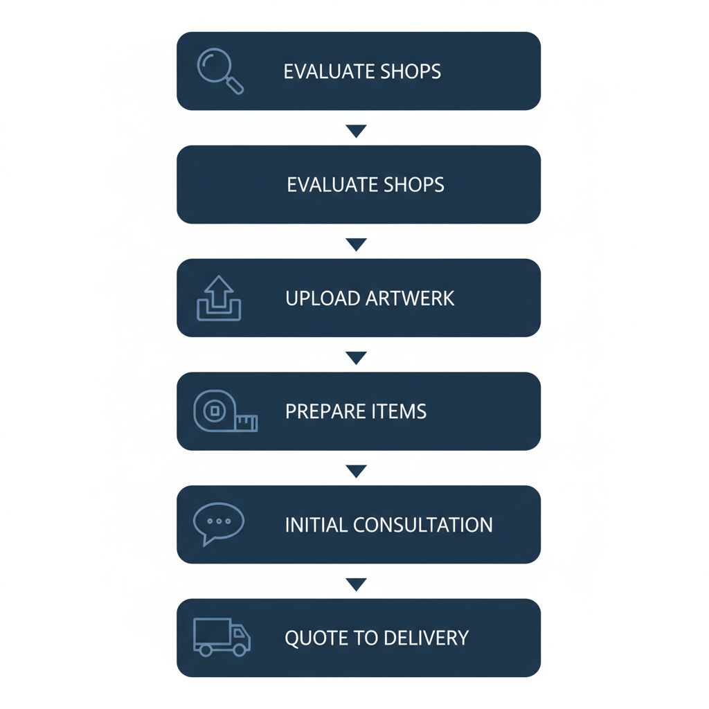 Vertical process flow diagram illustrating five steps for custom framing services in Mississauga: evaluating shops, uploading artwork, preparing items, initial consultation, and quote to delivery.