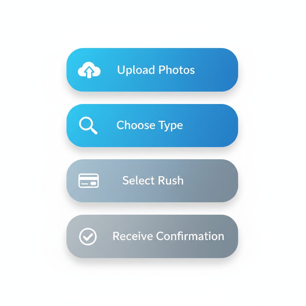 Vertical process flow diagram illustrating the four steps to order same day photo prints: upload, choose type and size, select rush and pay, receive confirmation and pickup.